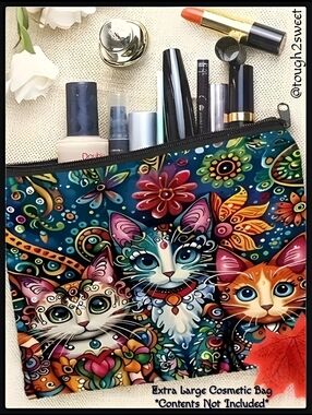 🆕️LAST 1😻LARGE COLORFUL, WHIMSICAL CAT VIBRANT COSMETIC BAG/ Y2K CATS ARTISTIC